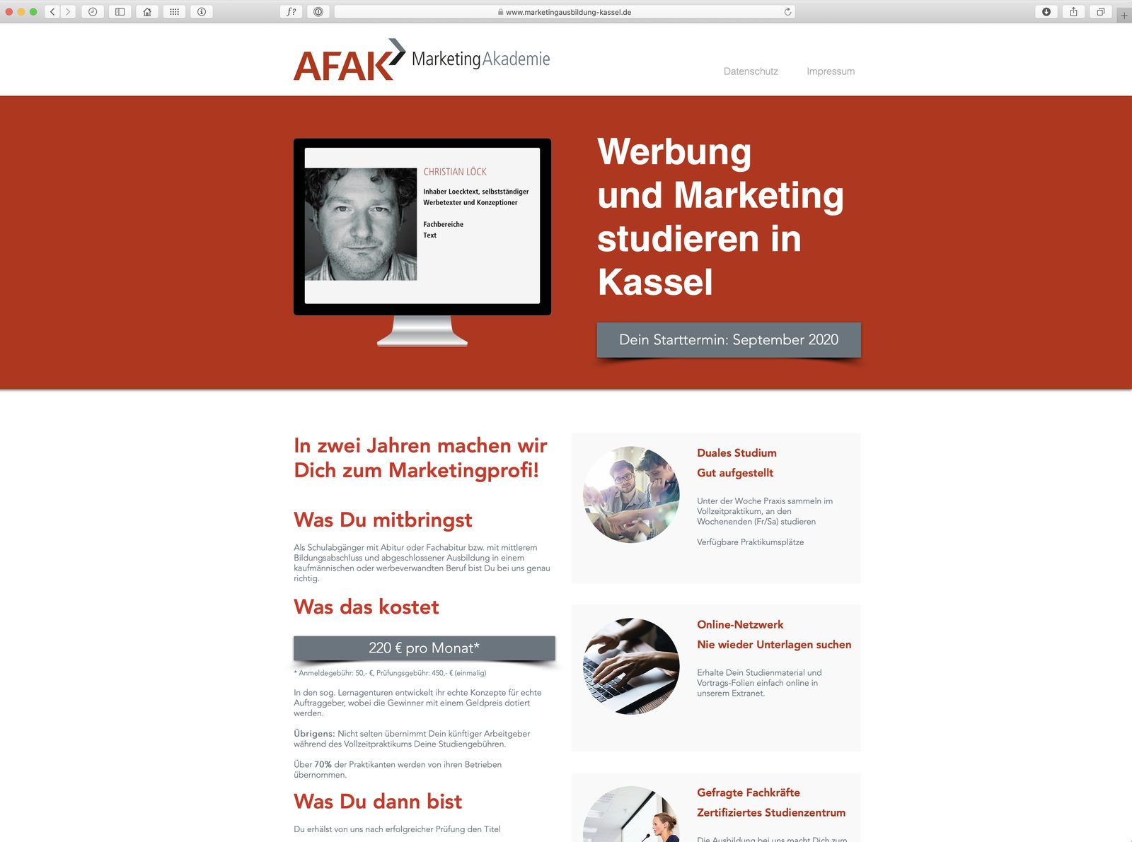 Landingpage marketingausbildung-kassel.de der AFAK MarketingAkademie im Browserfenster