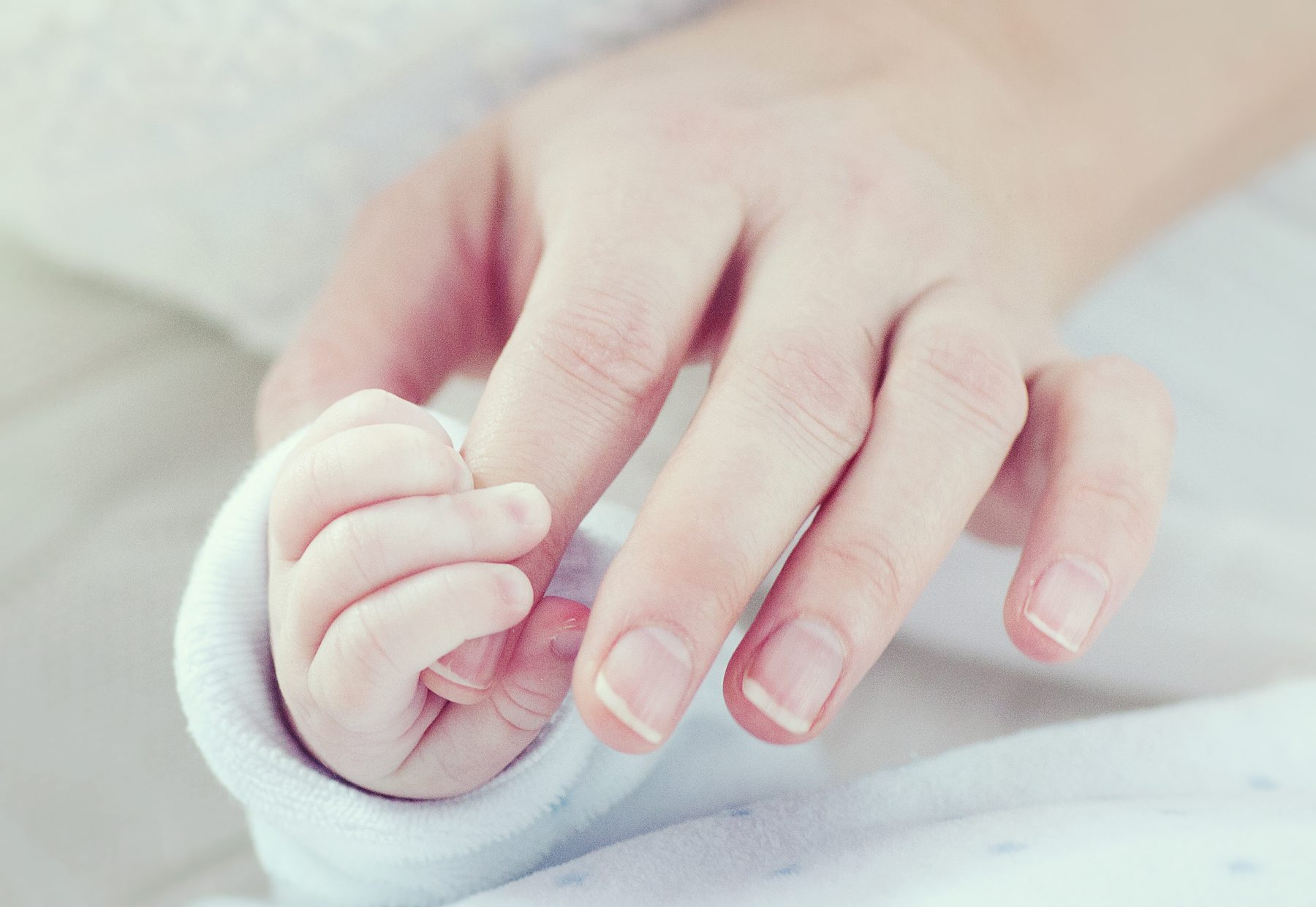 Kleine Kinderhand, die den Finger einer erwachsenen Hand umfasst