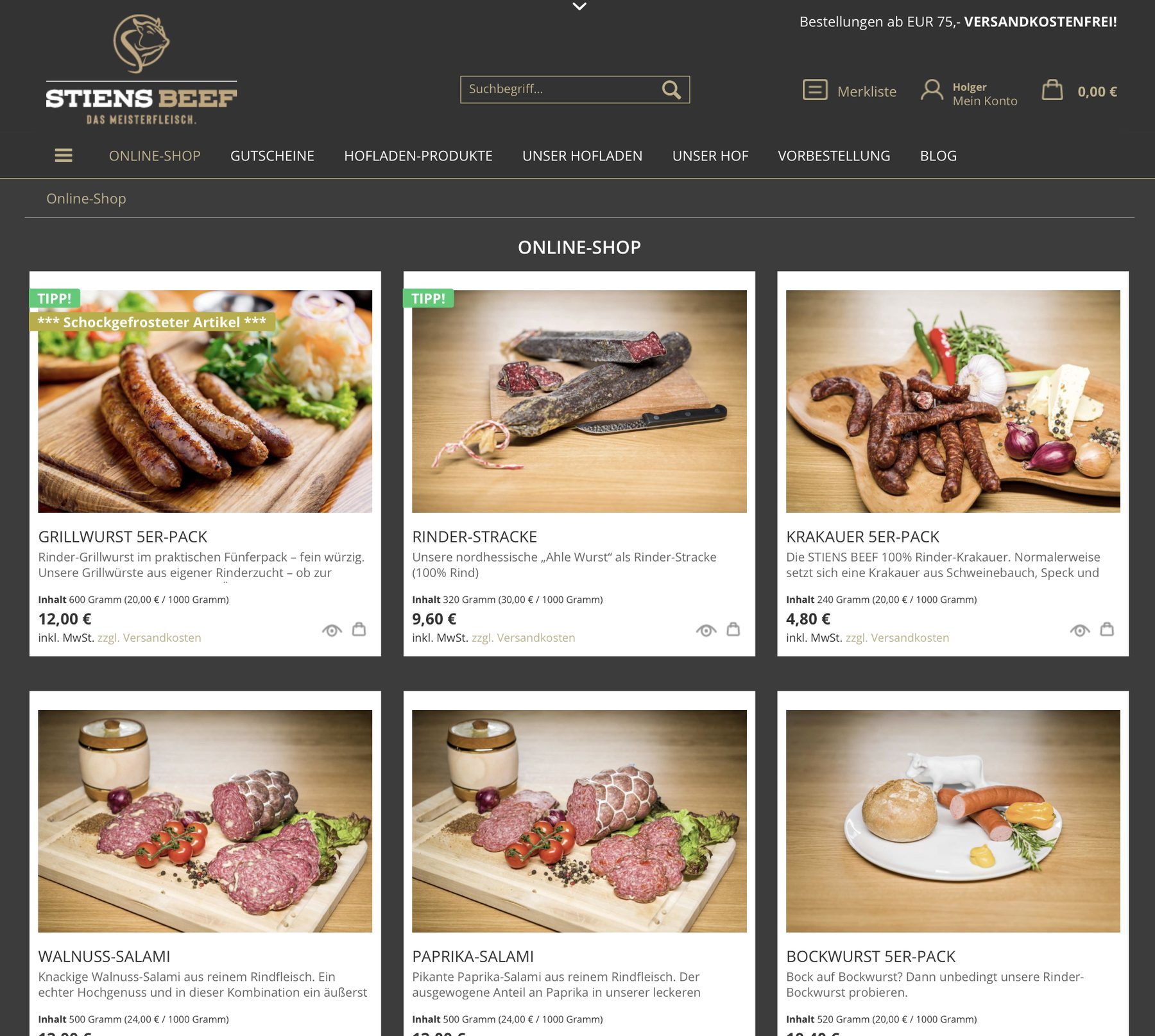 Produktübersicht im Online-Shop von STIENS BEEF mit Bildern, Beschreibungen und Preisen