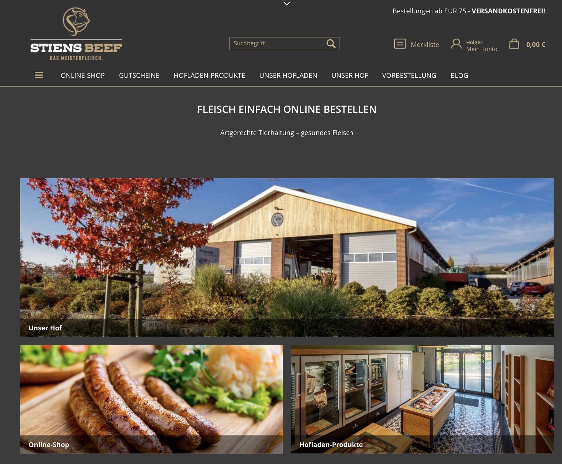 Startseite des Online-Shops von STIENS BEEF mit Hofansicht und Produktbereichen
