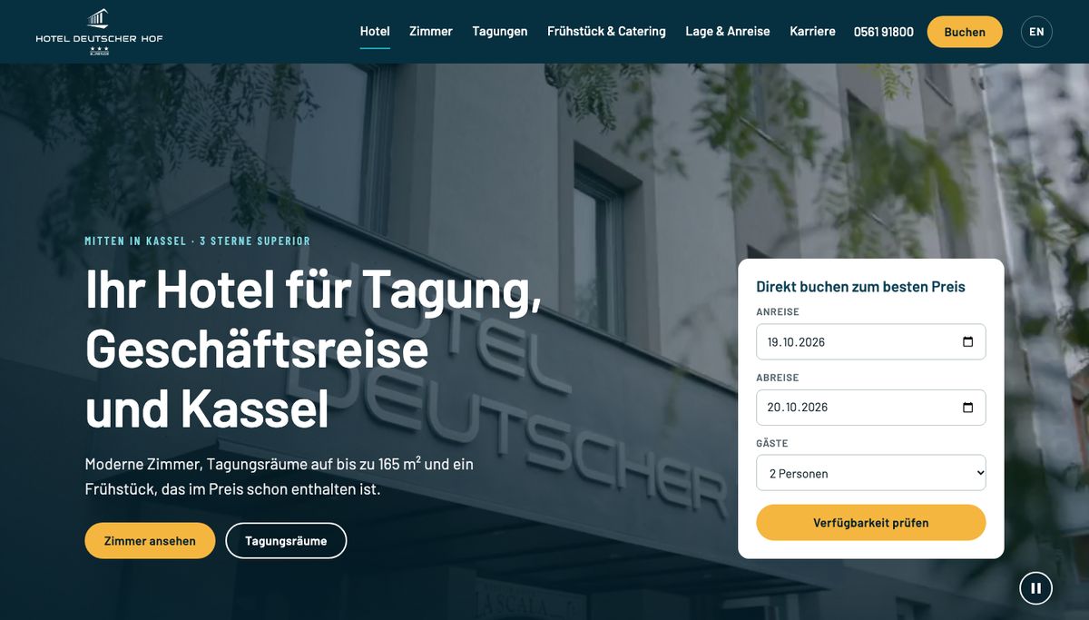 Startseite des Hotels Deutscher Hof auf dem Bildschirm: Ihr Hotel für Tagung, Geschäftsreise und Kassel, daneben ein Kasten zum Direktbuchen
